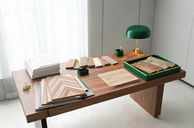 FloorScore certified Karndean flooring sample boards in design studio